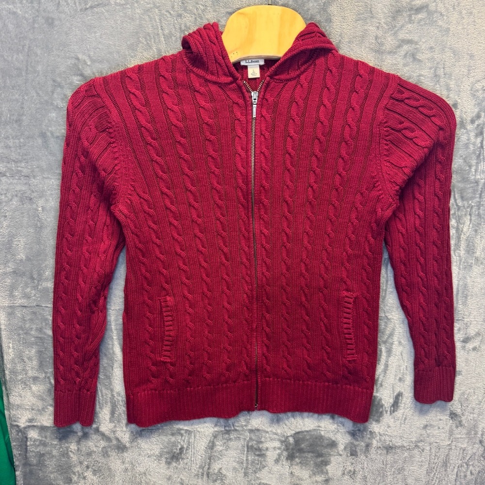 2291 | LL Bean Cardigan Hoodie Women L Red Cotton Cable Knit Full Zip Coastal